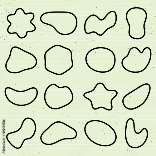 Grid with abstract shapes, black outlines on white background. Shapes vary in form, abstract and unique. Grid pattern enhances the abstract shapes. Black shape vector set.
