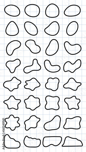 Grid with abstract shapes, black outlines on white background. Shapes vary in form, abstract and unique. Grid pattern enhances the abstract shapes. Black shape vector set.