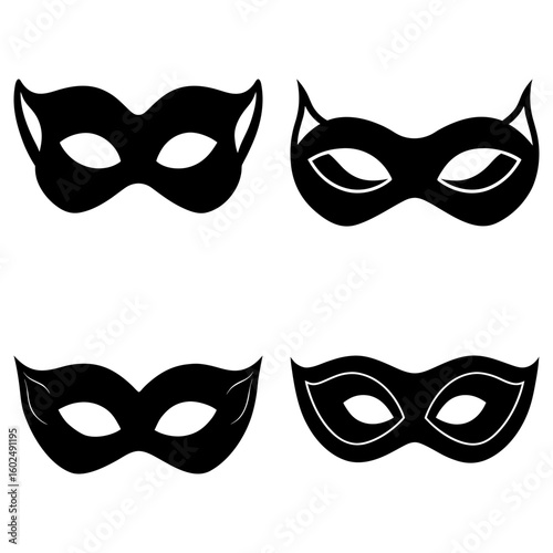 Four black masquerade masks with varying designs including cat ears on a white background image set