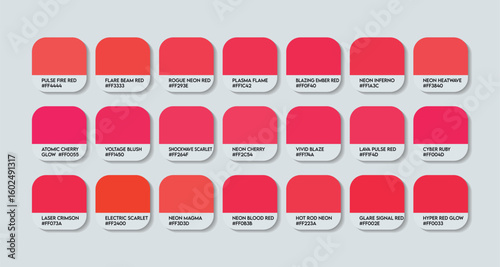 Neon Red Color Guide Palette with Color Names. Catalog Samples Neon Red with RGB HEX codes and Names. Reds Light Colors Palette Vector, Plastic red Color Palette, Fashion Trend Neon Red Color Palette