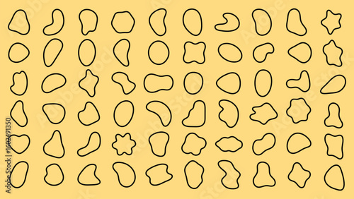 Grid with abstract shapes, black outlines on white background. Shapes vary in form, abstract and unique. Grid pattern enhances the abstract shapes. Black shape vector set.