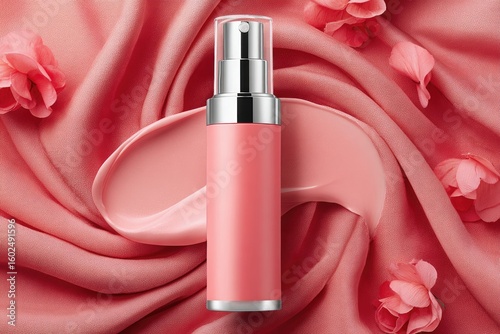 Pink cosmetic spray bottle on flowing fabric with flower petals