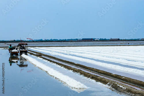 Pyramids of sea salt ready to be harvested in a salt farm at sunrise. Used as a seasoning in food, cosmetics and for food preservation.