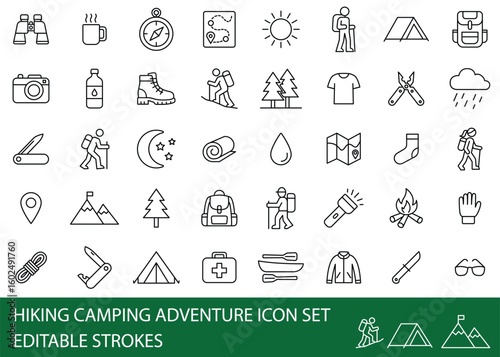 Hiking Camping Adventure icons compilation set.  Vector art simple illustration icon set for web, t-shirt design, other graphic design use