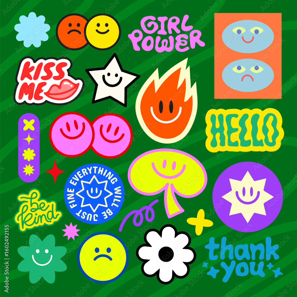Colorful stickers with positive vibes, smiley faces, and motivational words Fun and cheerful, these stickers spread positivity and happiness Stay awesome, be kind! Funky stickers, vector set Colorful stickers with positive vibes, smiley faces, and motivational words Fun and cheerful, these stickers spread positivity and happiness Stay awesome, be kind! Funky stickers, vector set
