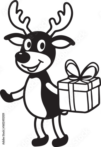 Cute cartoon reindeer holding a gift box with a bow