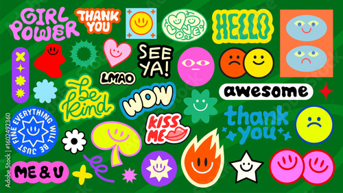 Colorful stickers with positive vibes, smiley faces, and motivational words Fun and cheerful, these stickers spread positivity and happiness Stay awesome, be kind! Funky stickers, vector set