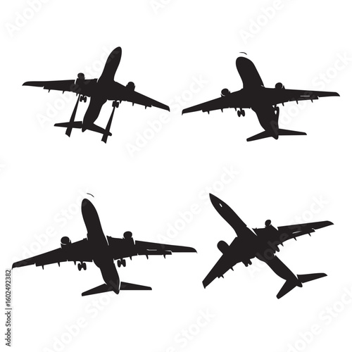 Four black airplane silhouettes in various flight positions aircraft transport