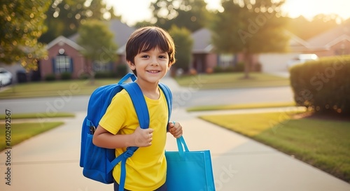 little boy carrying a bag, getting ready to go to school