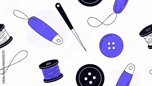 Colorful sewing supplies with spools of thread, buttons, and a needle against a white background.