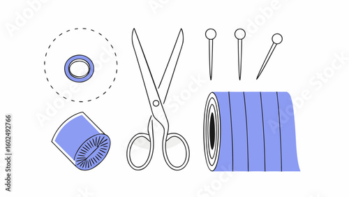 A collection of sewing tools including scissors, pins, and fabric rolls in a minimalistic style.
