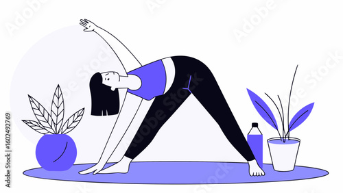 A serene illustration of a woman practicing yoga, stretching her body in a tranquil indoor space.