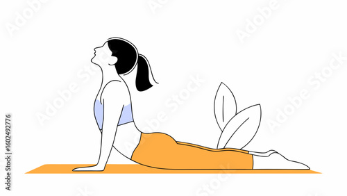 A young woman performs the Cobra pose in yoga, showcasing strength and flexibility against a simple, vibrant background.