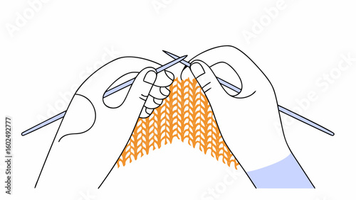 Close-up of a person knitting with two hands, creating a vibrant orange pattern with knitting needles.