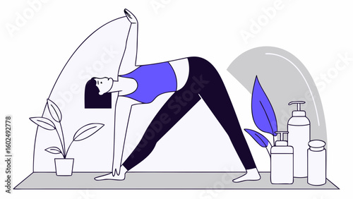 A woman in a yoga pose, emphasizing flexibility and wellness, surrounded by plants and wellness products.