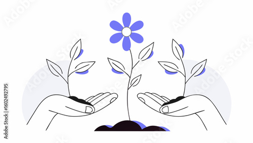 Illustration of hands nurturing plants, symbolizing growth and care.