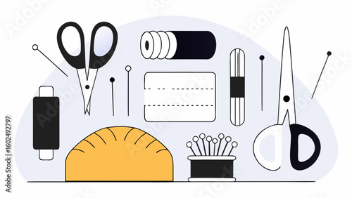 Artistic arrangement of sewing tools including scissors, thread, pins, and a yellow fabric piece, on a soft purple background.