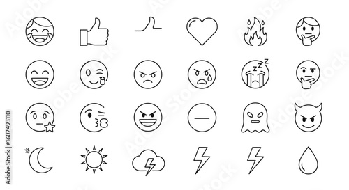 A collection of outline emoji icons representing various emotions, weather, and symbols. this versatile set of emojis includes a thumbs up, heart, fire, crying face, ghost, devil face