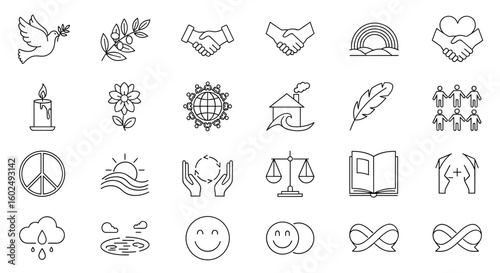A collection of simple line art icons representing themes of peace, love, harmony, and global unity, perfect for design projects. for creative projects and professional design work