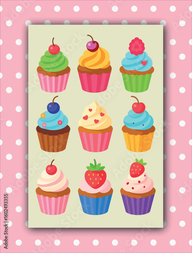 Assorted Cupcakes with Colorful Frosting and Toppings. Vector