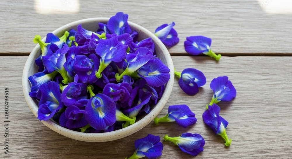 Naklejka premium A bowl filled with vibrant blue butterfly pea flowers on a wooden surface. Some flowers are scattered around the bowl, showcasing their unique shape and color.