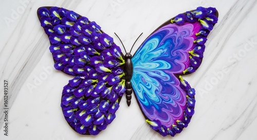A vibrant butterfly with blue and purple wings rests on a light marble surface. The wings display intricate patterns and textures, resembling a butterfly pea flower.