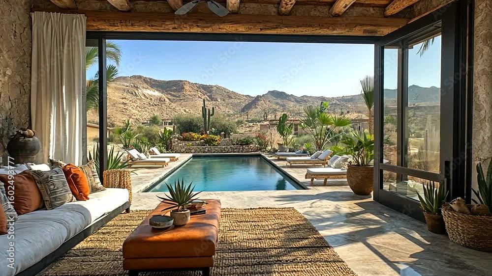 Luxury Villa Interior with Swimming Pool and Mountain View in Cabo San Lucas