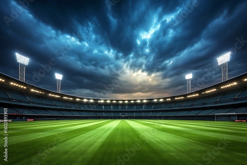 Empty stadium with bright floodlights under dramatic stormy sky sports stadium lights