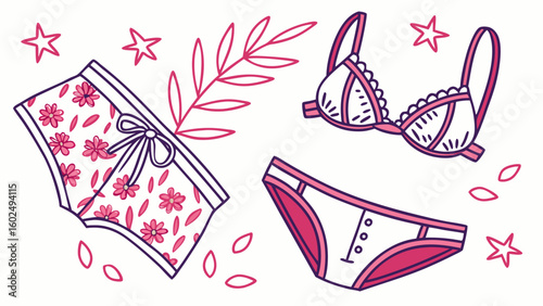 Colorful illustrated lingerie set featuring playful floral designs and stylish patterns.
