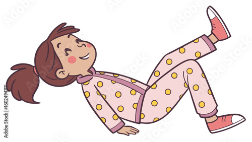 A cheerful young girl with brown hair wearing pink polka dot pajamas, playfully kicking her legs in a fun, carefree pose.