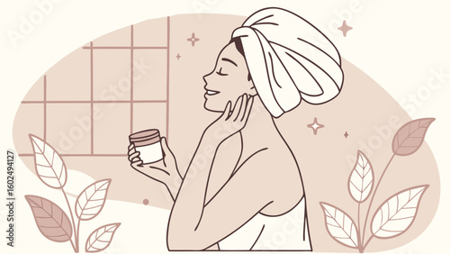 A serene woman enjoying a skincare routine with a towel on her head, surrounded by a calming natural vibe.