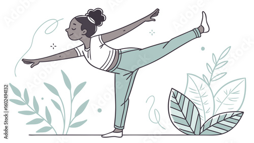 A young Black girl gracefully balances in a yoga pose amidst leafy illustrations, embodying tranquility and connection with nature.