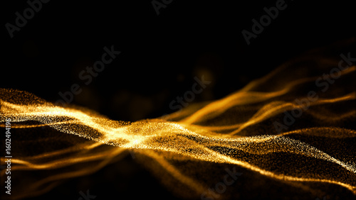 Golden particle waves glowing over a black background, ideal for tech, futuristic, or luxury themed visual content and digital backdrops. 3d rendering