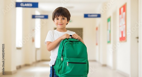 little boy carrying a bag, getting ready to go to school