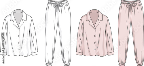 Women’s satin pajama set flat sketch, long sleeve top and drawstring pants, stylish sleepwear fashion design, front view template