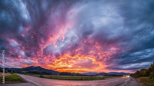 Dramatic golden hour sky with vibrant sunset hues blending into dynamic cloud formations, capturing nature's grandeur.