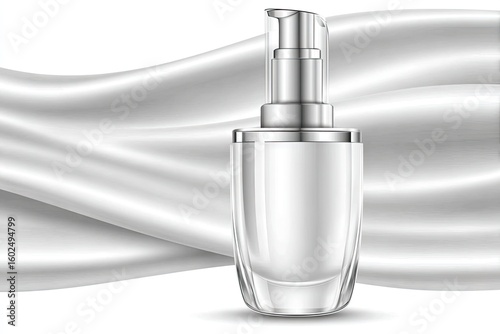 Elegant, frosted glass pump bottle on flowing silk