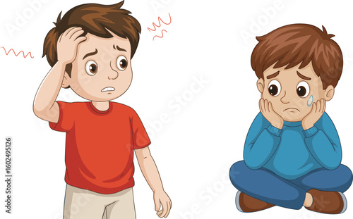 Worried and crying boys expressing anxiety and sadness, emotional child behavior illustration, mental health awareness, cad drawing flat vector illustration