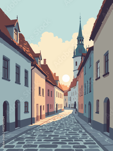 Tallinn – Medieval Old Town spires and cobbled lanes under silver dawn light in slate gray, cobblestone brown, pastel peach, and sky blue