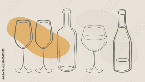 A minimalist illustration featuring three elegant wine glasses and two bottles, showcasing a sophisticated and modern design.