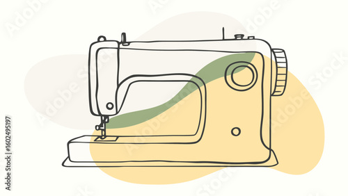 Illustration of a vintage sewing machine in a minimalist style with soft color accents.