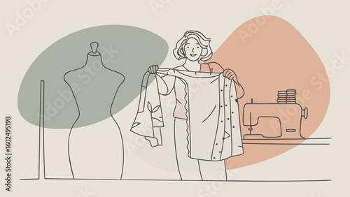 A young woman of mixed ethnicity smiles while holding a fabric in a sewing studio, surrounded by a dress form and a sewing machine.