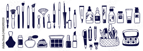 Makeup doodle icons. Make up beauty cosmetic products for girls, hand drawn fashion mascara brush perfume lipstick cream. Vector decorative beauty makeup set