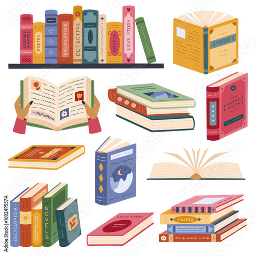 Big lovely cartoon set with fiction, open books for reading, bookshelf. Kids encyclopedia, love story. Hand drawn back to school literature for learning, teaching isolated on white background.