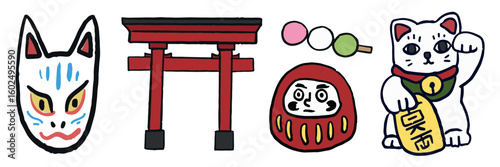 Japanese icons featuring a fox mask, torii gate, daruma doll, and lucky cat. Traditional Japanese symbols in a colorful, cartoon style. Japan travel illustrations vector set.