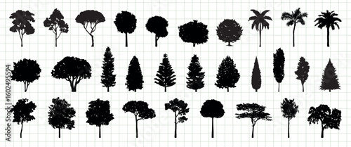 Silhouettes of various tree types on a grid background. Tree silhouettes include palm, pine, and deciduous. Diverse tree shapes and sizes in silhouette form. Silhouette forest elements, vector set.
