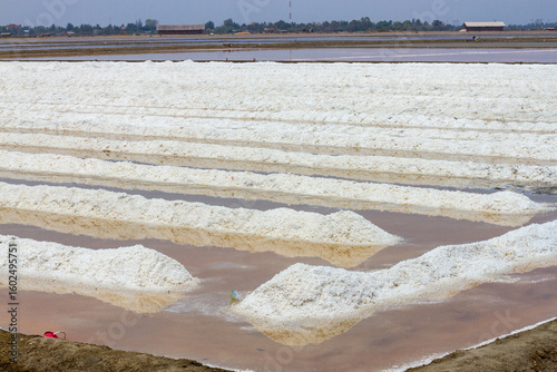 Pyramids of sea salt ready to be harvested in a salt farm at sunrise. Used as a seasoning in food, cosmetics and for food preservation.