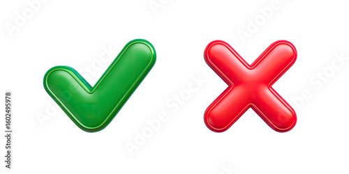 Green Check Mark and Red Cross Symbol on Transparent Background