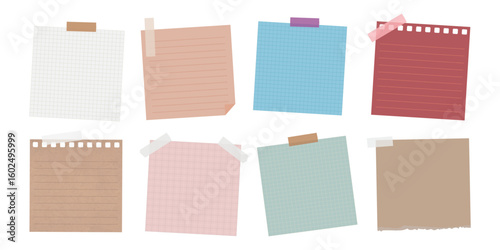 Colorful sticky notes in various shades, including red, blue, and beige. Sticky notes are taped and pinned, ideal for reminders and notes. Sticky notes for organization. Memo elements, vector set.