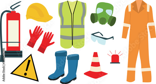 Safety, security icons set. Work helmet, gloves, vest, cone, alarm signs. Caution, warning symbols for personal occupational protection. Flat graphic vector illustrations isolated on white background

